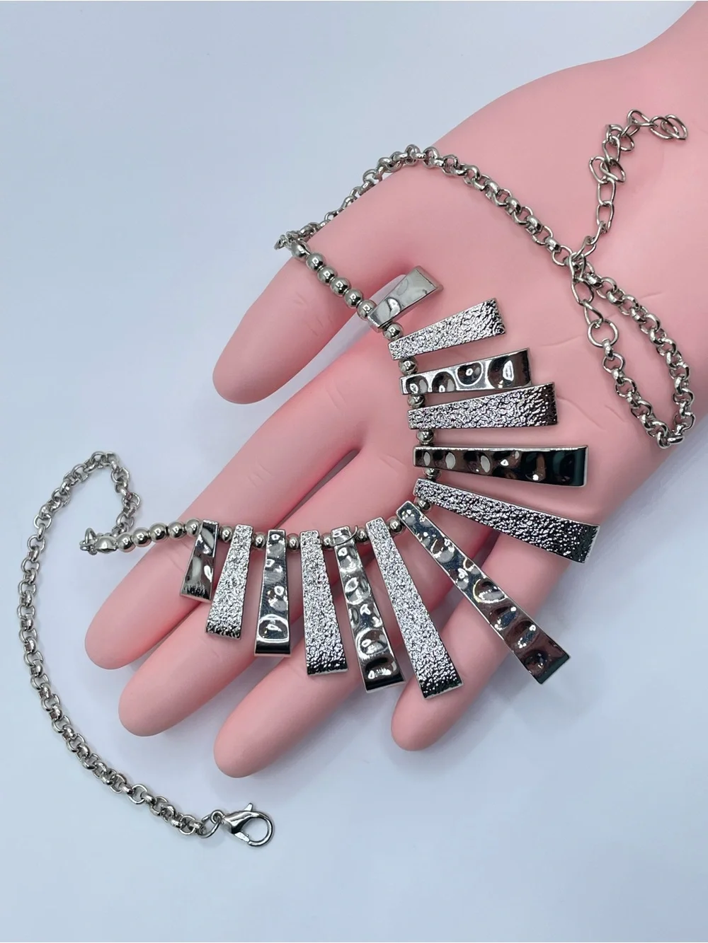 Silver Tone Fringe Bar Statement Necklace Textured Modern Bib